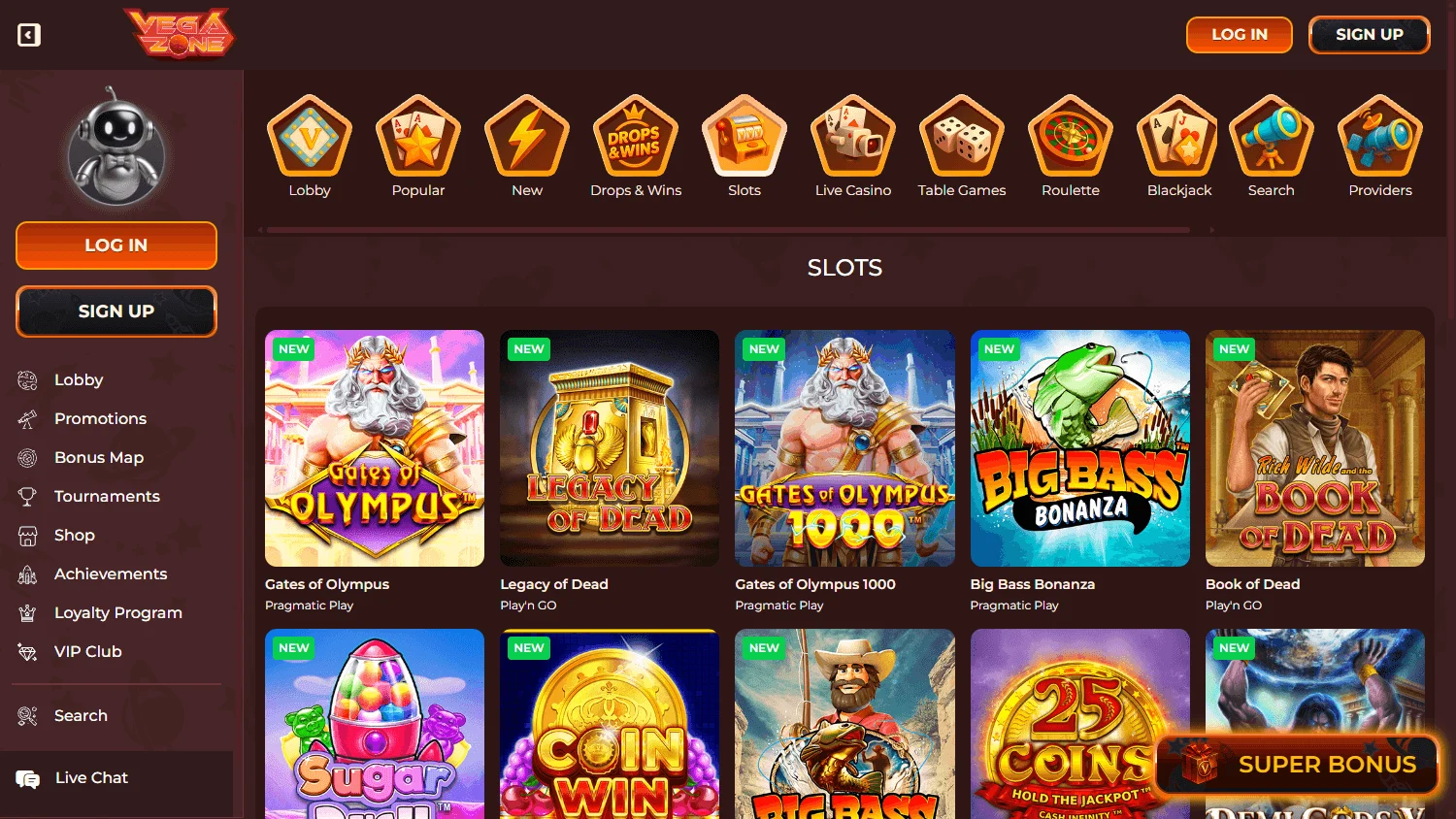 Vegazone Casino games area on desktop