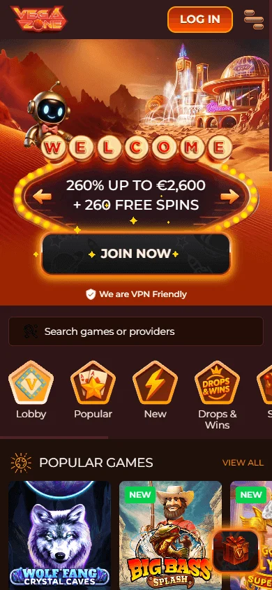 Vegazone Casino home page on a mobile device