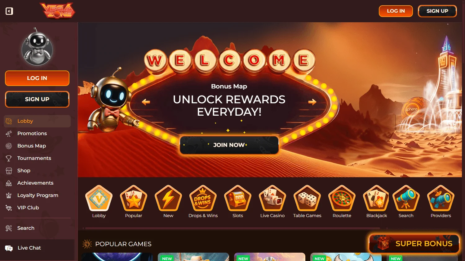 Vegazone Casino home page on desktop