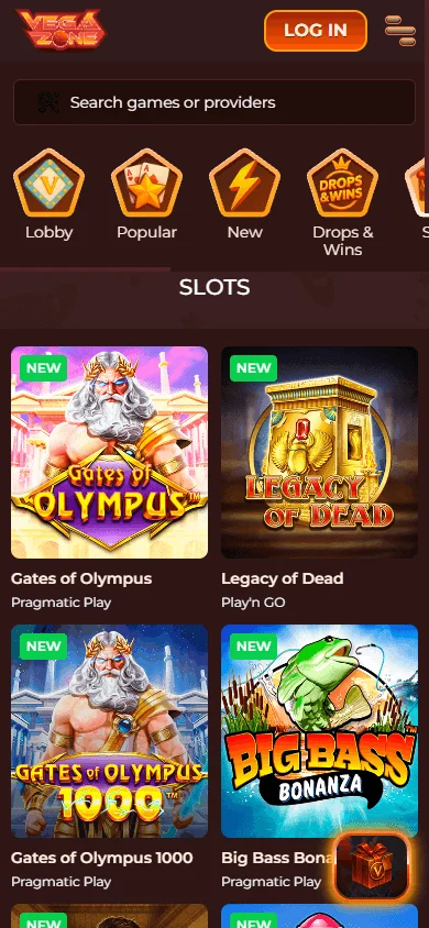 Vegazone Casino games area on a mobile device